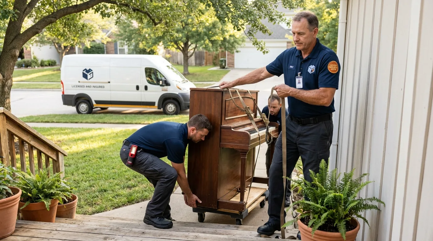 Licensed piano movers securing grand piano in Seymour, CT