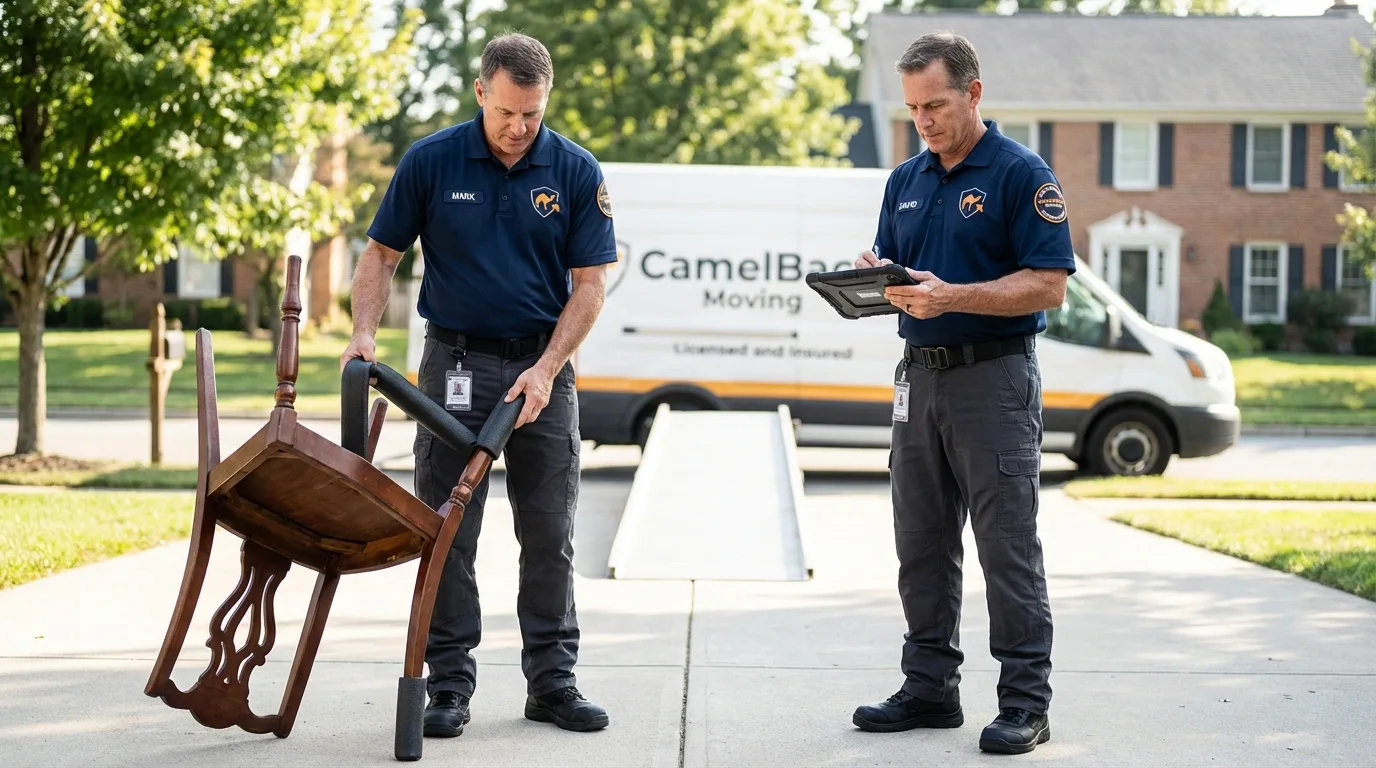 Movers inspecting furniture for damage prevention before loading in Seymour, CT